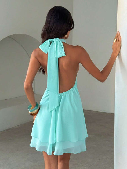 Elegant A-Line Halter Tiered Ruffle Backless Pleated Aqua Mini Homecoming Dresses