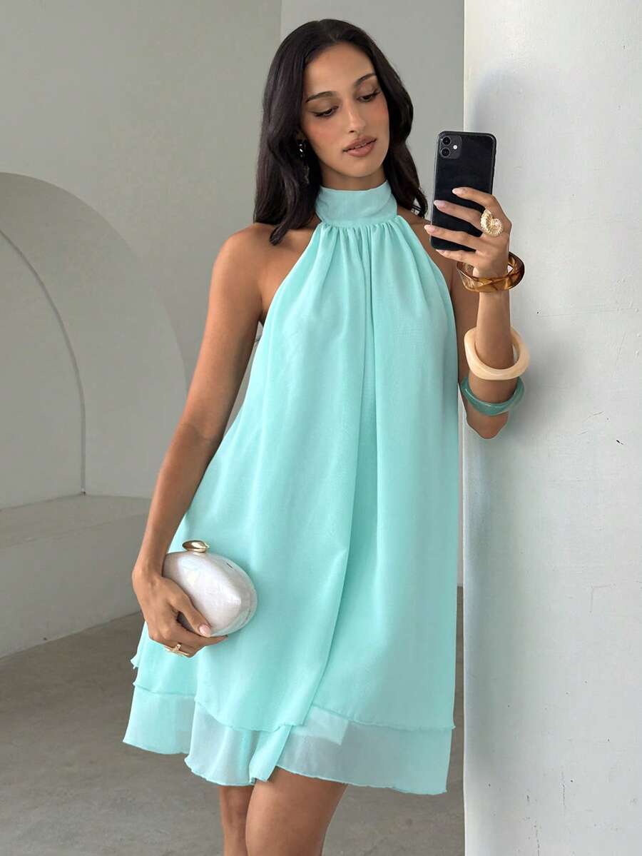Elegant A-Line Halter Tiered Ruffle Backless Pleated Aqua Mini Homecoming Dresses