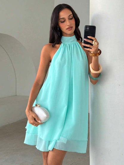 Elegant A-Line Halter Tiered Ruffle Backless Pleated Aqua Mini Homecoming Dresses
