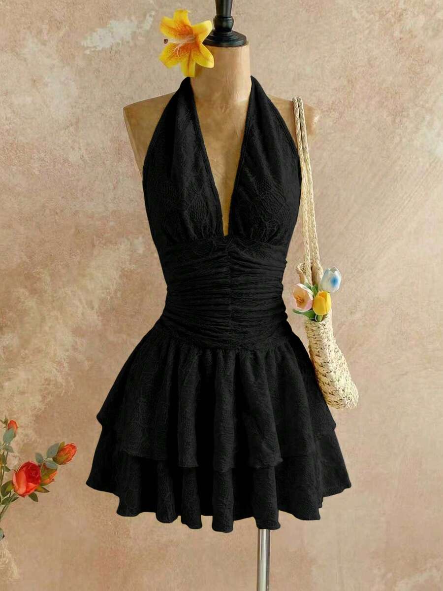 Elegant A-Line Halter V-Neck Ruched Tiered Ruffle Black Mini Homecoming Dresses