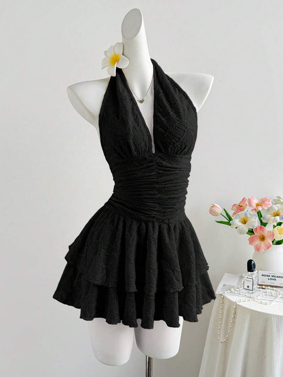 Elegant A-Line Halter V-Neck Ruched Tiered Ruffle Black Mini Homecoming Dresses