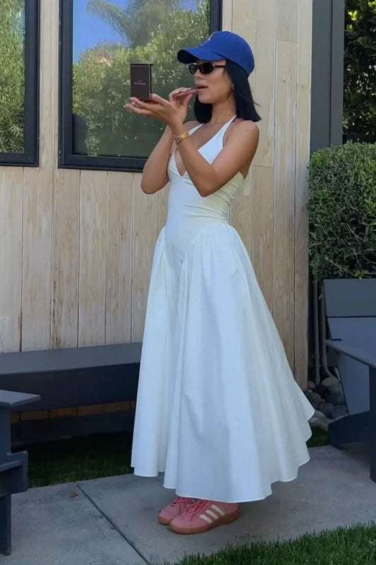 Elegant A-Line Halter V-Neck Sleeveless Modern White Midi Evening Dress