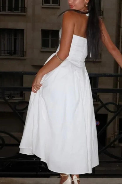 Elegant A-Line Halter V-Neck Sleeveless Modern White Midi Evening Dress