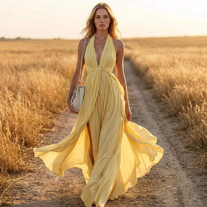 Elegant A-Line Halter V Neck Pleated Light Yellow Floor-Length Prom Dress