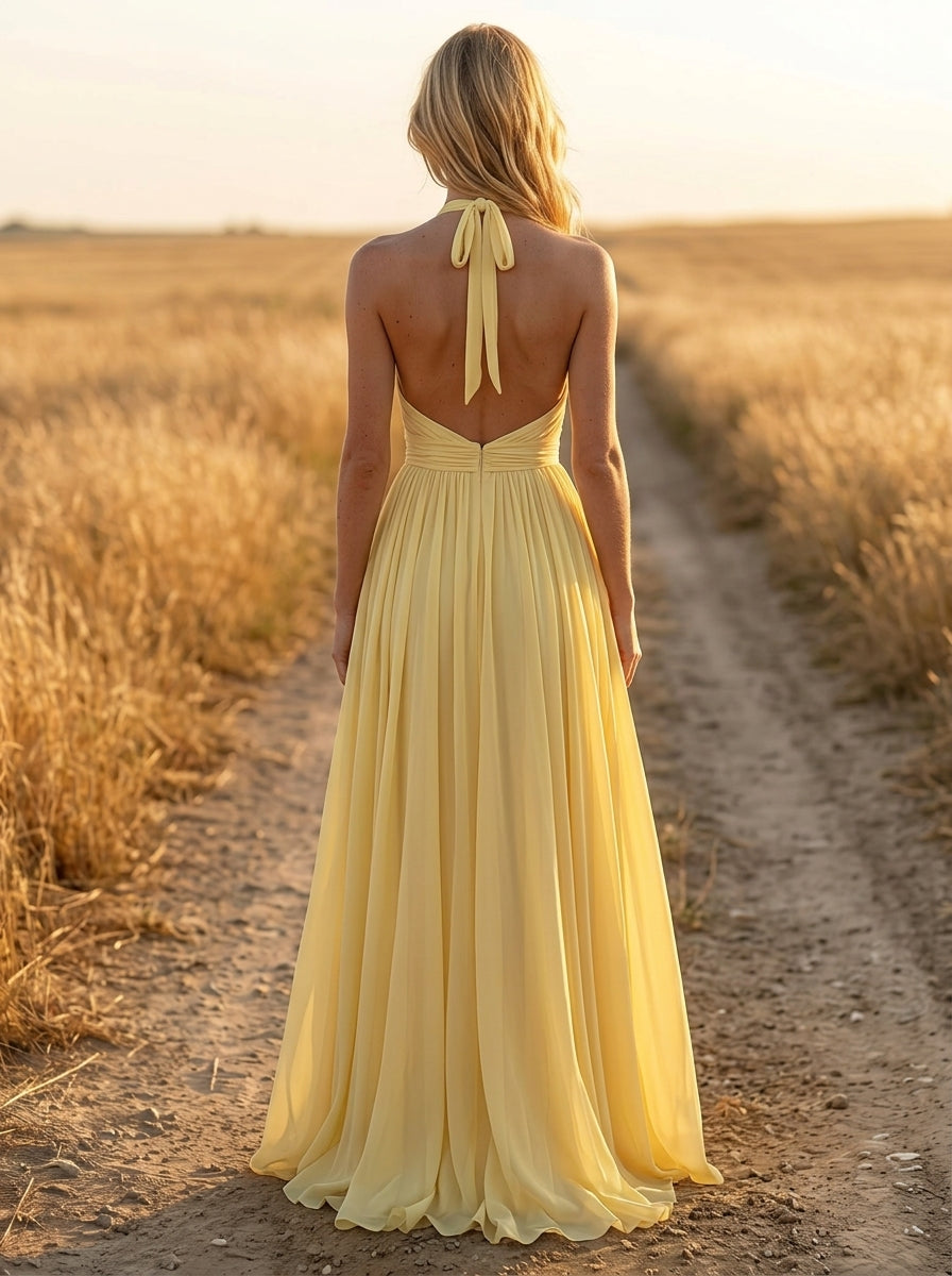 Elegant A-Line Halter V Neck Pleated Light Yellow Floor-Length Prom Dress