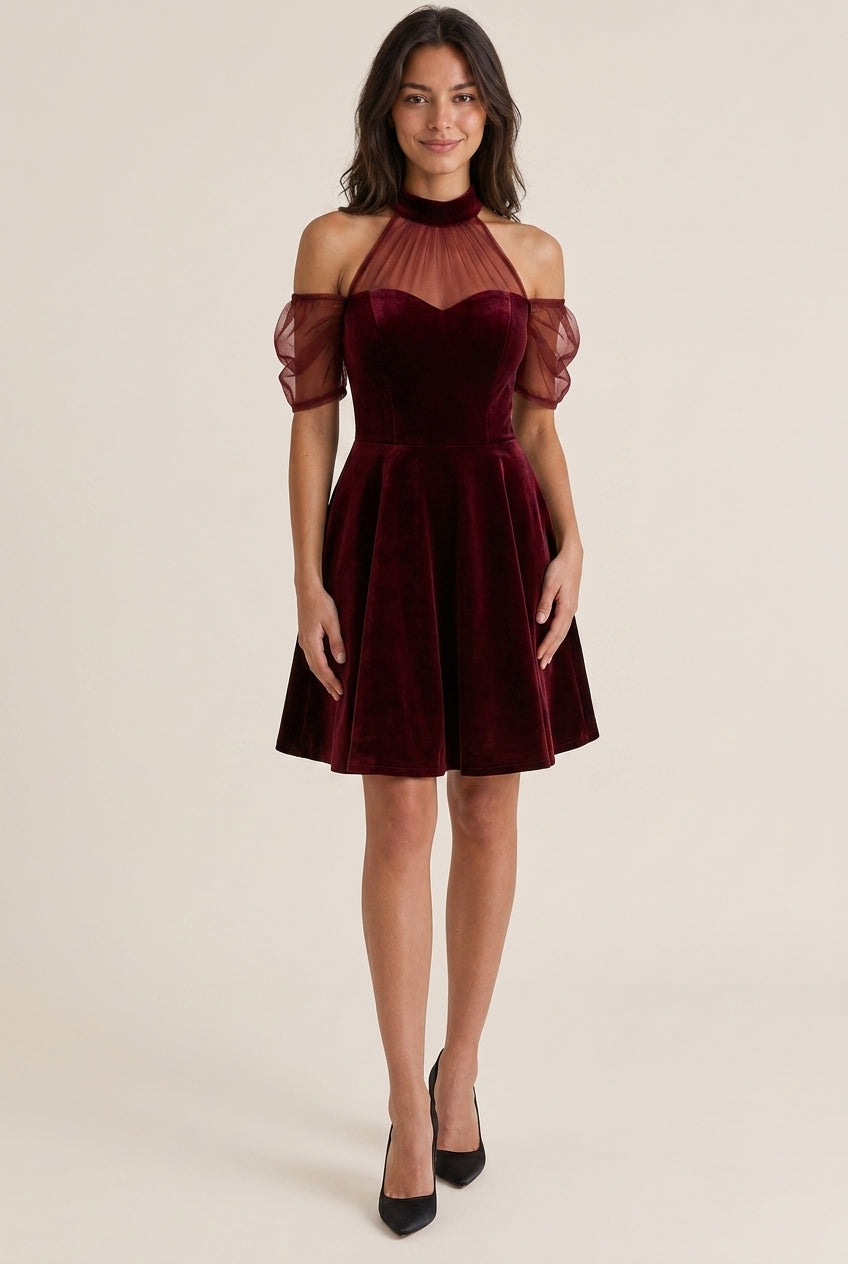 Elegant A-Line High Neck Puffed Sleeve Backless Velvet Burgundy Short Homecoming Dress