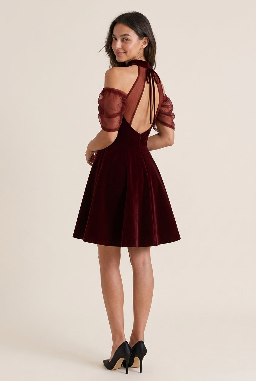 Elegant A-Line High Neck Puffed Sleeve Backless Velvet Burgundy Short Homecoming Dress