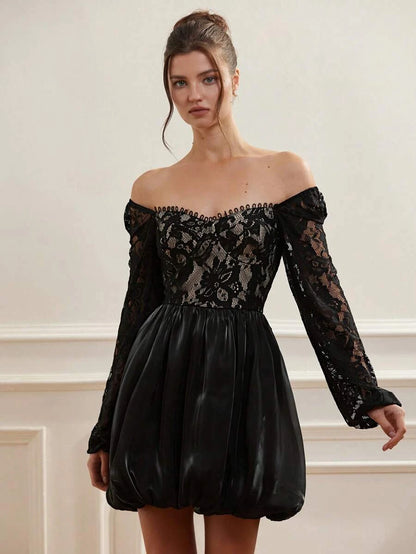 Elegant A-Line Off-Shoulder Long Sleeve Lace Black Mini Homecoming Dress