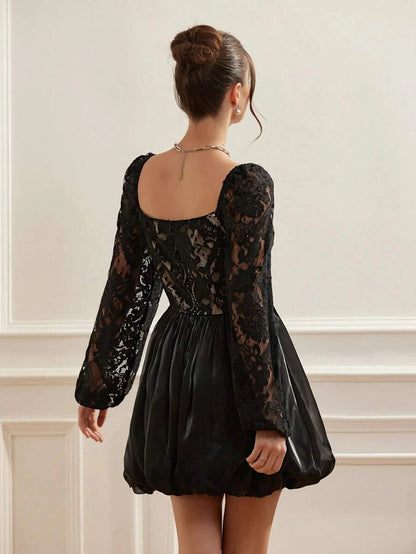 Elegant A-Line Off-Shoulder Long Sleeve Lace Black Mini Homecoming Dress