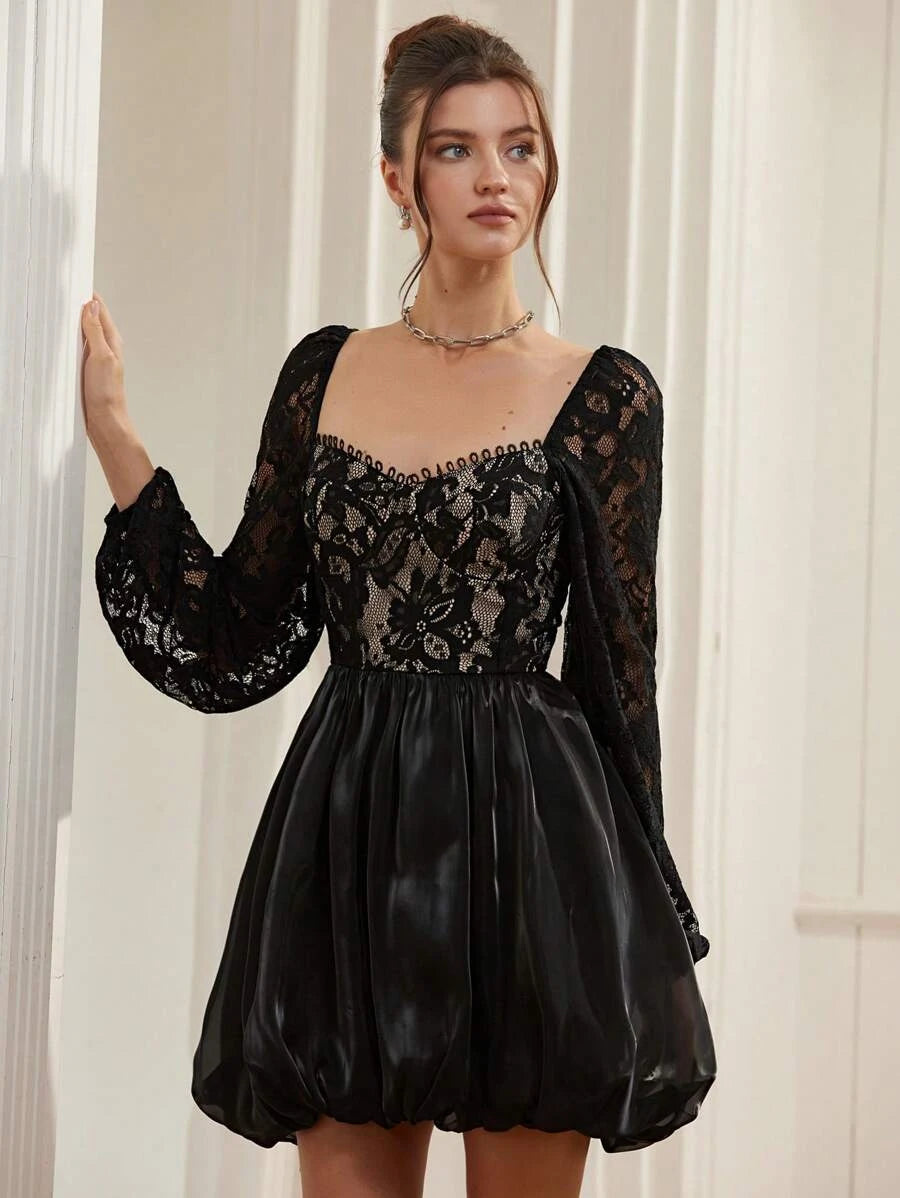 Elegant A-Line Off-Shoulder Long Sleeve Lace Black Mini Homecoming Dress