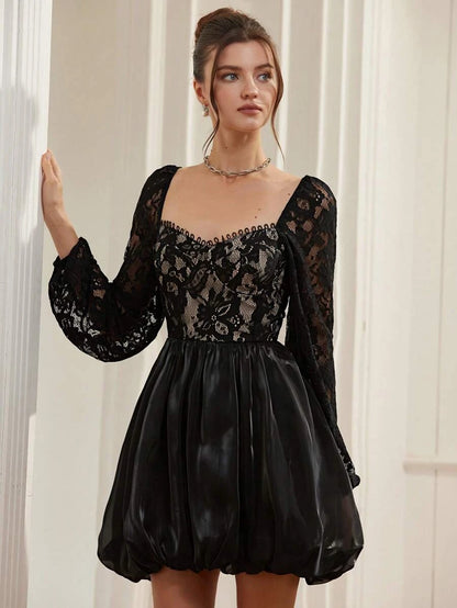 Elegant A-Line Off-Shoulder Long Sleeve Lace Black Mini Homecoming Dress