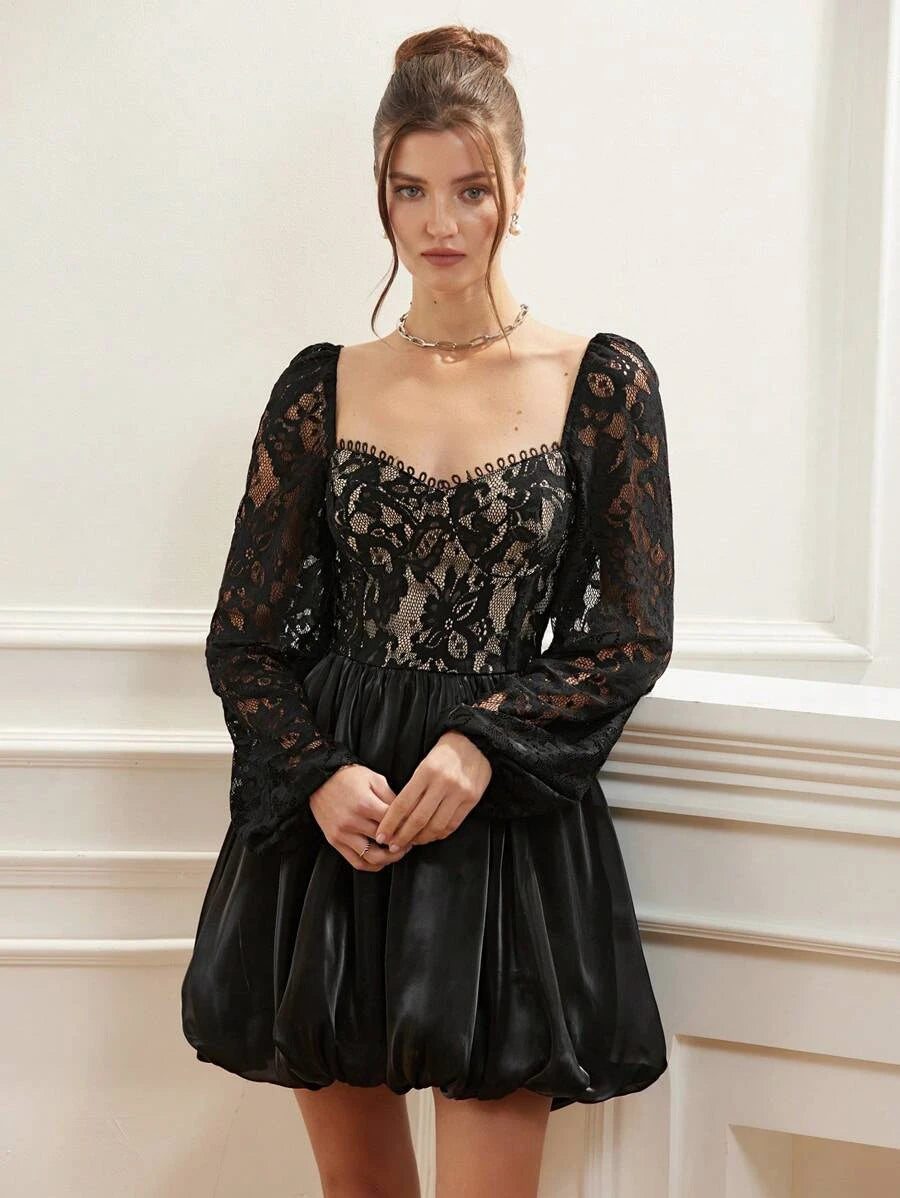 Elegant A-Line Off-Shoulder Long Sleeve Lace Black Mini Homecoming Dress