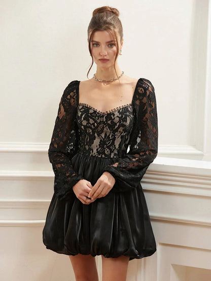 Elegant A-Line Off-Shoulder Long Sleeve Lace Black Mini Homecoming Dress