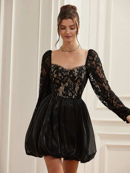 Elegant A-Line Off-Shoulder Long Sleeve Lace Black Mini Homecoming Dress