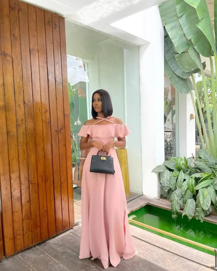 Elegant A-Line Off-Shoulder Ruffled Criss-Cross Pink Floor-Length Evening Dress Women's Gown