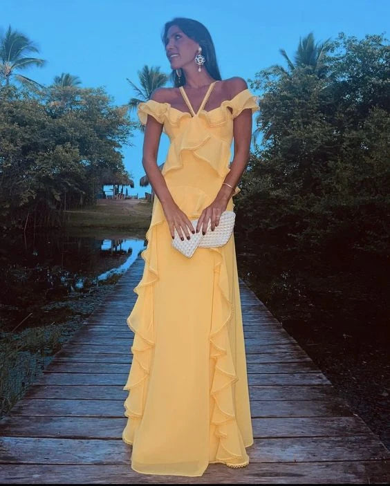 Elegant A-Line Off-Shoulder Ruffled Tiered Yellow Floor-Length Evening Dresses Women's Gown