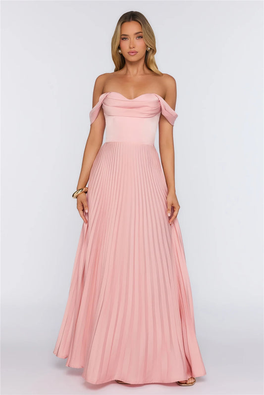 Elegant A-Line Off-Shoulder Sweetheart Pleated Draped Satin Blush Pink Floor-Length Prom Dress