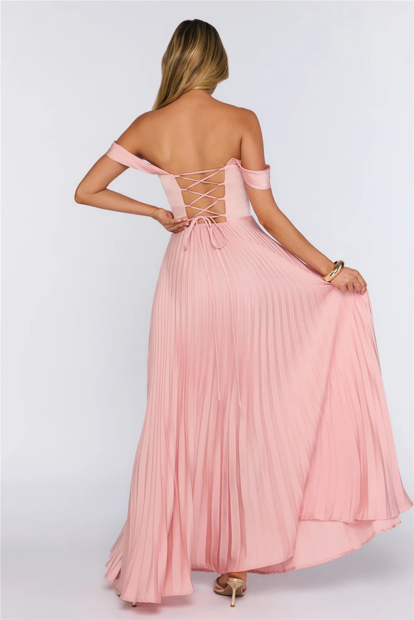 Elegant A-Line Off-Shoulder Sweetheart Pleated Draped Satin Blush Pink Floor-Length Prom Dress