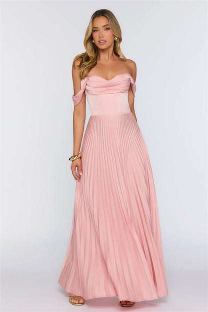 Elegant A-Line Off-Shoulder Sweetheart Pleated Draped Satin Blush Pink Floor-Length Prom Dress