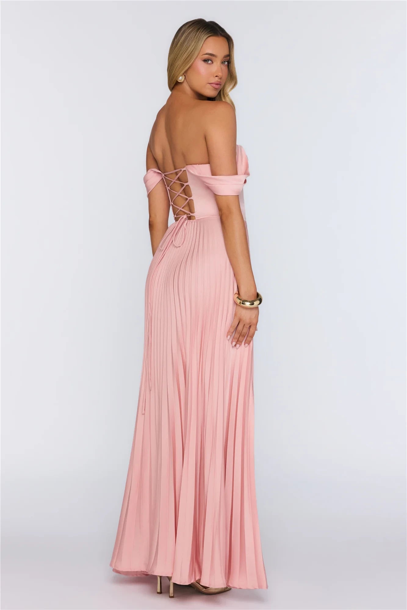 Elegant A-Line Off-Shoulder Sweetheart Pleated Draped Satin Blush Pink Floor-Length Prom Dress