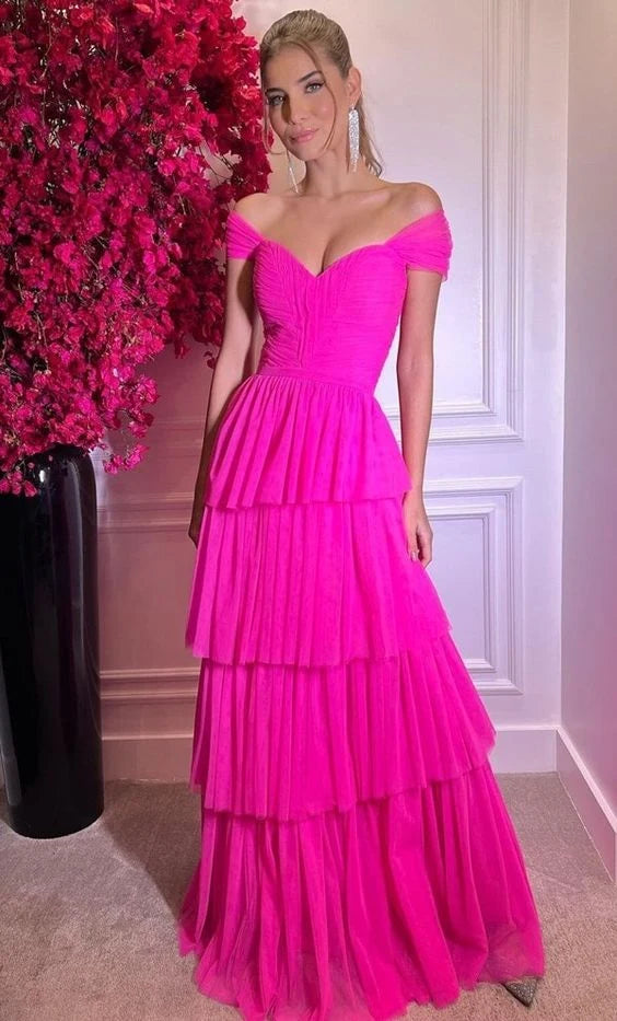 Elegant A-Line Off-Shoulder Sweetheart Tiered Ruffle Hot Pink Floor-Length Evening Gown