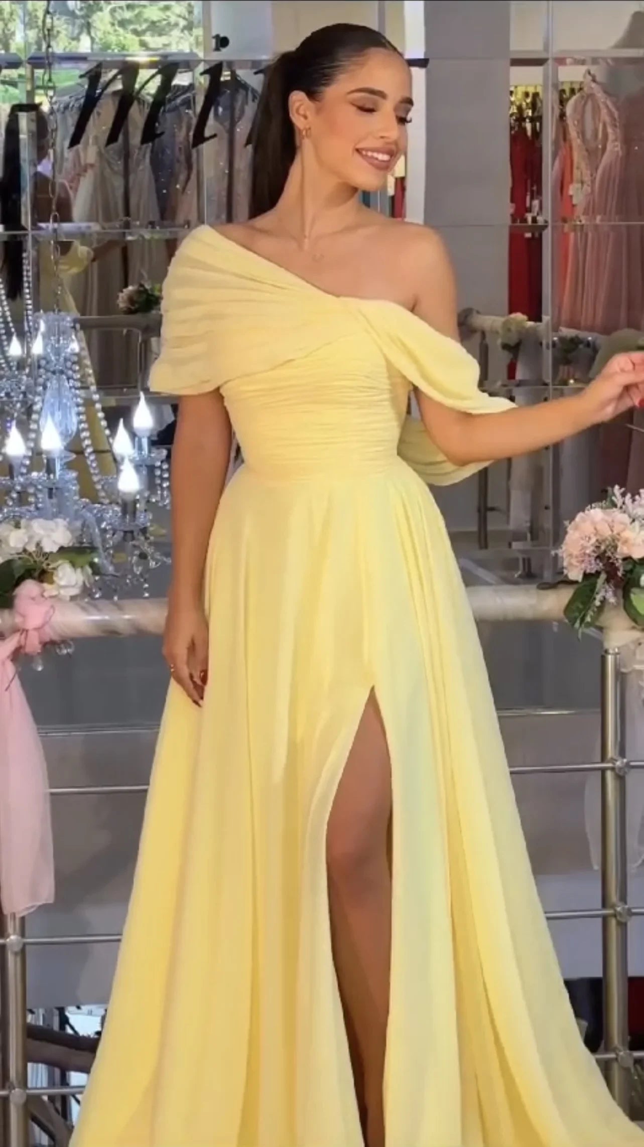 Elegant A-Line One-Shoulder Draped Slit Yellow Floor-Length Evening Gown