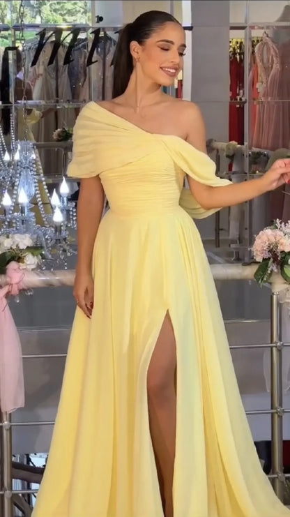 Elegant A-Line One-Shoulder Draped Slit Yellow Floor-Length Evening Gown