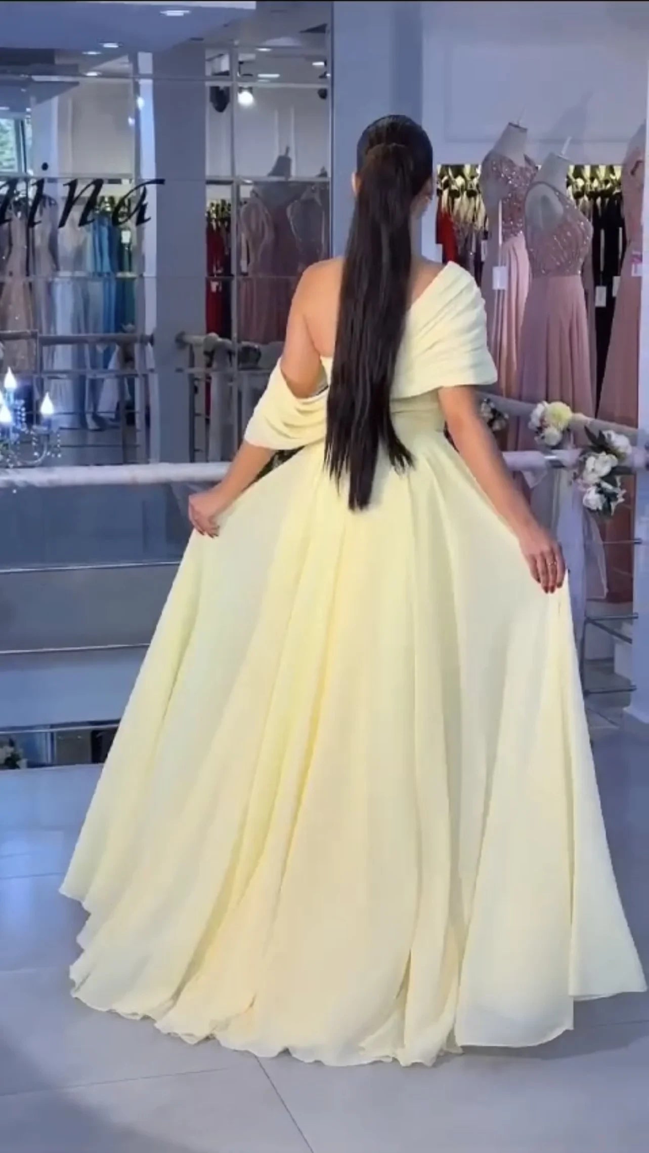 Elegant A-Line One-Shoulder Draped Slit Yellow Floor-Length Evening Gown