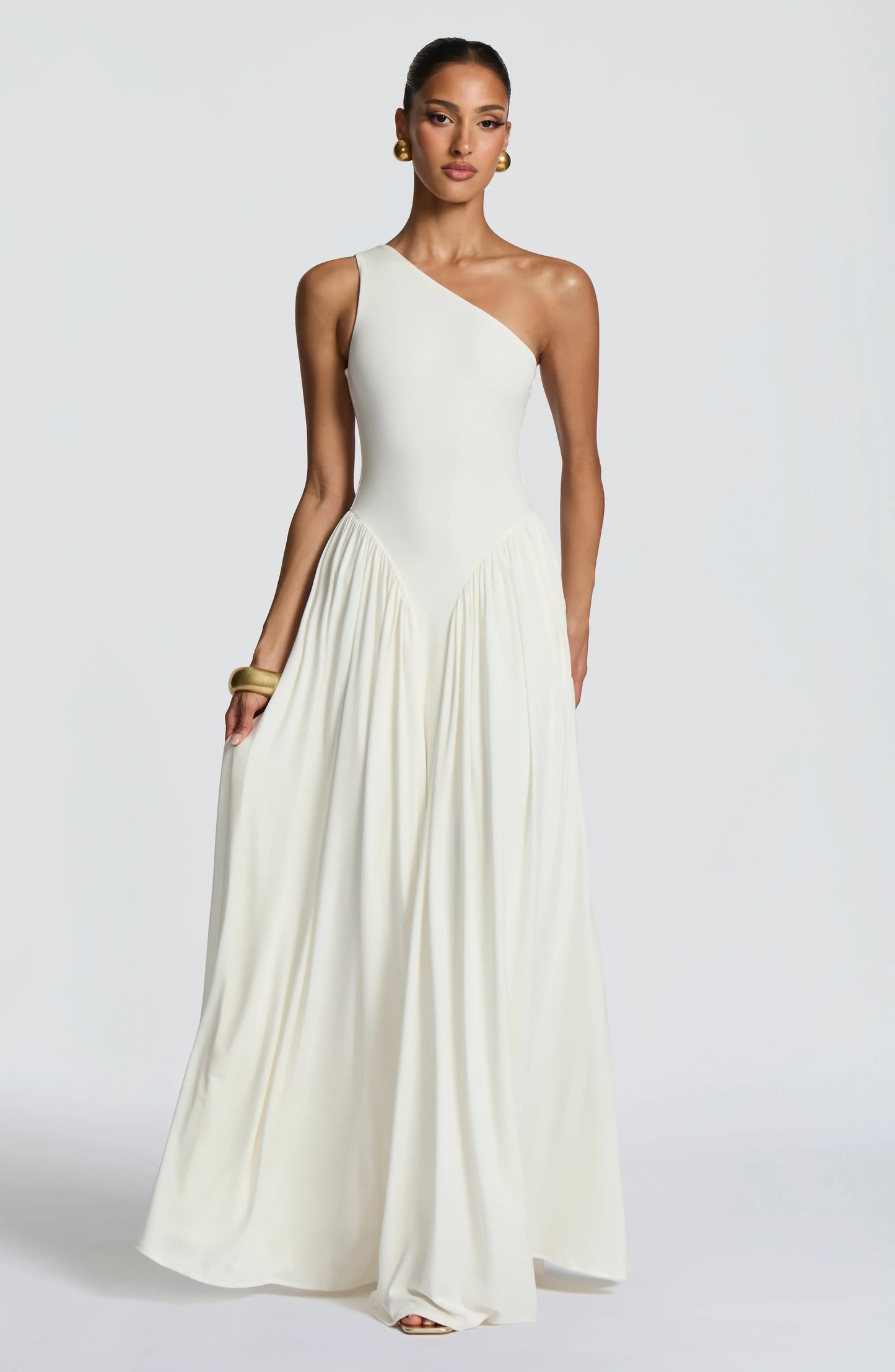 Elegant A-Line One-Shoulder Flowy Pleated Ivory Floor-Length Prom Dress