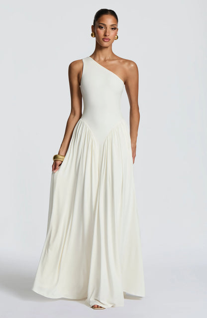 Elegant A-Line One-Shoulder Flowy Pleated Ivory Floor-Length Prom Dress