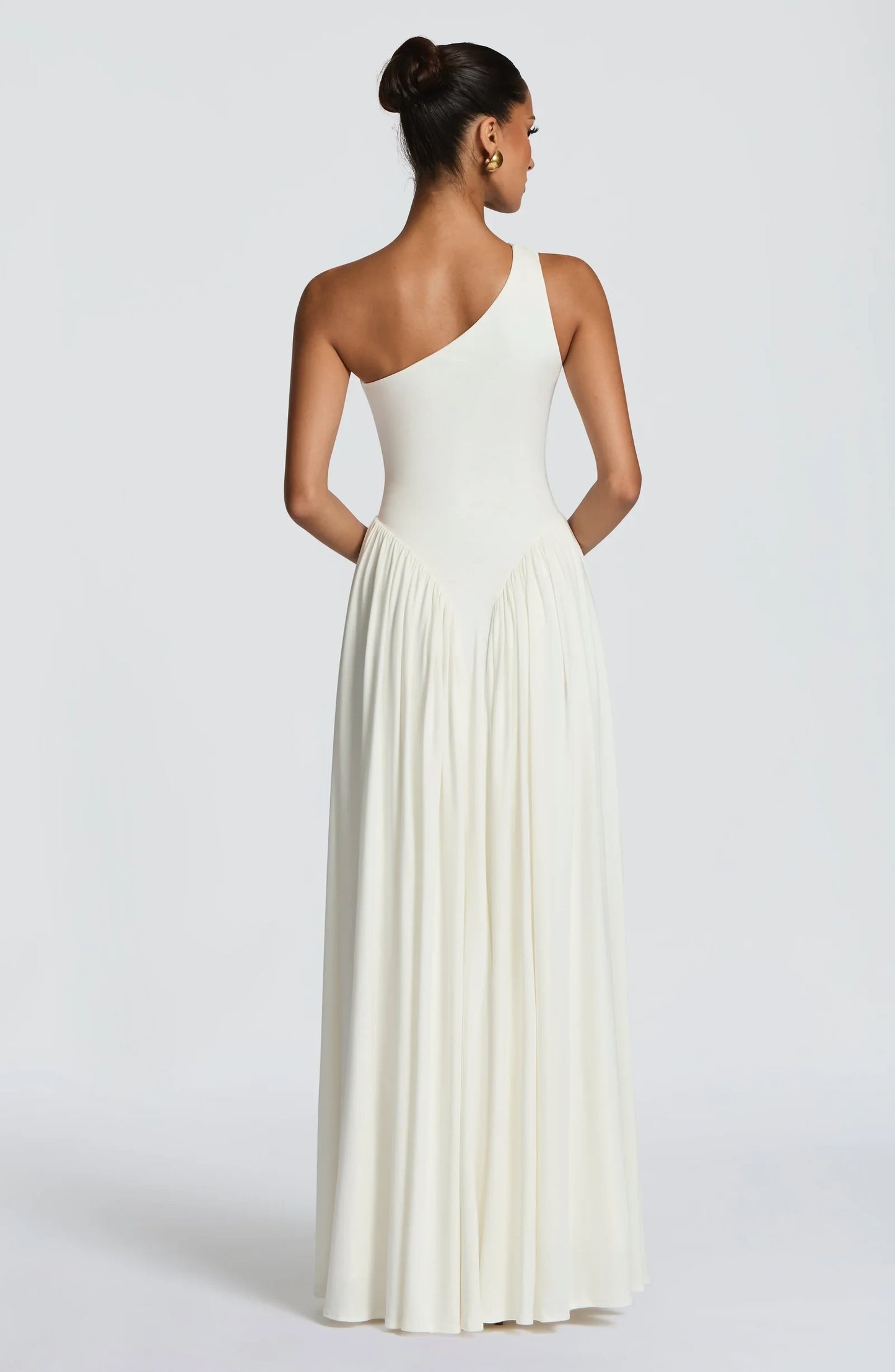 Elegant A-Line One-Shoulder Flowy Pleated Ivory Floor-Length Prom Dress
