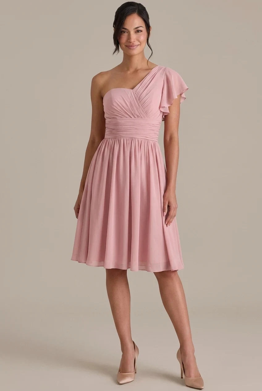 Elegant A-Line One-Shoulder Pleated Ruffled Chiffon Dusty Rose Knee-Length Homecoming Dress