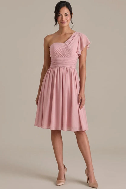 Elegant A-Line One-Shoulder Pleated Ruffled Chiffon Dusty Rose Knee-Length Homecoming Dress