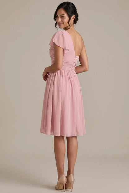 Elegant A-Line One-Shoulder Pleated Ruffled Chiffon Dusty Rose Knee-Length Homecoming Dress