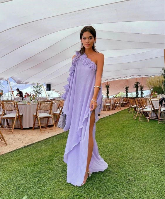 Elegant A-Line One-Shoulder Ruffled Lavender Floor-Length Evening Dress Gown