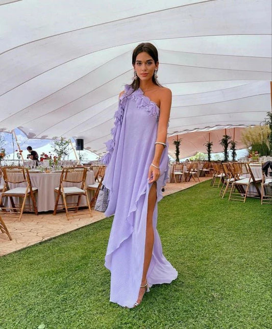 Elegant A-Line One-Shoulder Ruffled Lavender Floor-Length Evening Dress Gown