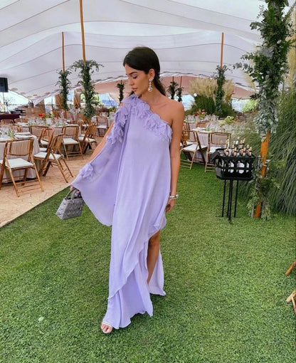 Elegant A-Line One-Shoulder Ruffled Lavender Floor-Length Evening Dress Gown