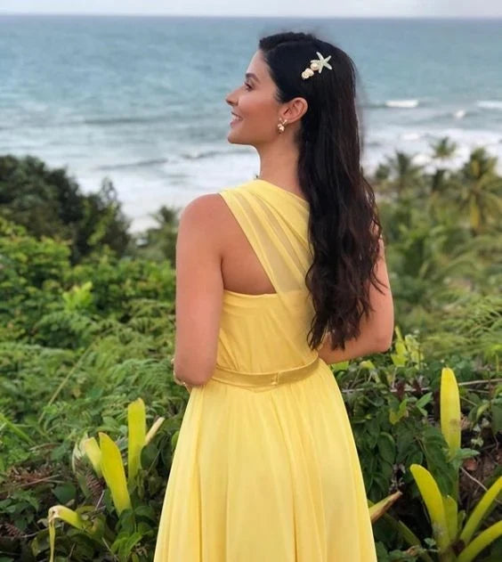 Elegant A-Line One-Shoulder Sleeveless Ruched Yellow Floor-Length Evening Dress Women's Gown