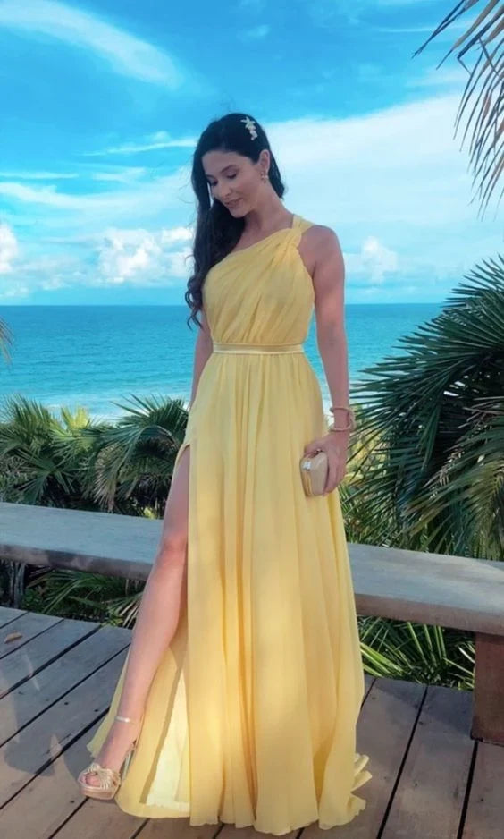 Elegant A-Line One-Shoulder Sleeveless Ruched Yellow Floor-Length Evening Dress Women's Gown