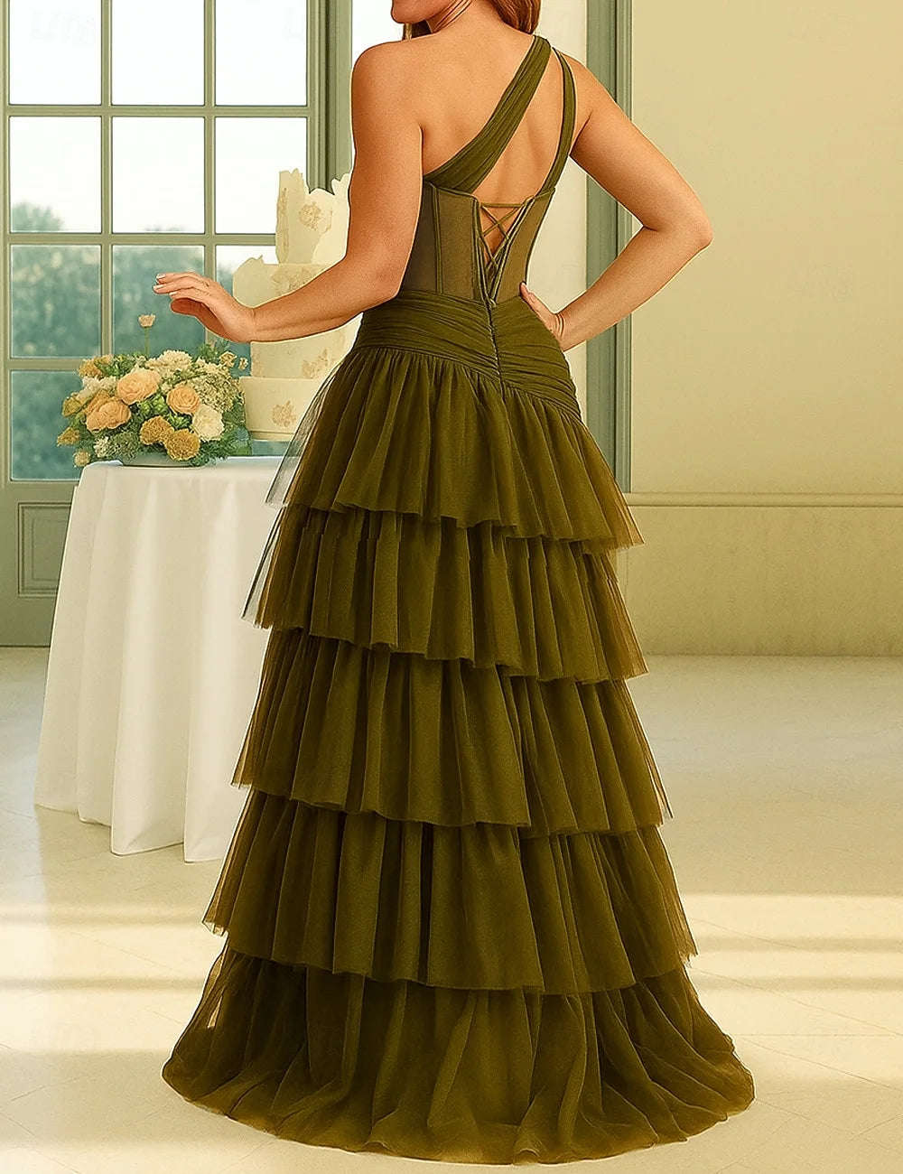 Elegant A-Line One-Shoulder Tiered High-Slit Olive Green Floor-Length Prom Dress