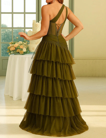Elegant A-Line One-Shoulder Tiered High-Slit Olive Green Floor-Length Prom Dress