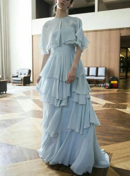 Elegant A-Line Round Neck Flutter Sleeve Tiered Dusty Blue Floor-Length Evening Dress