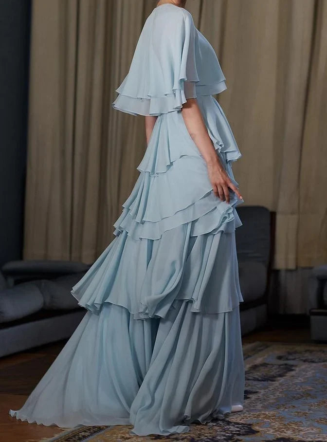 Elegant A-Line Round Neck Flutter Sleeve Tiered Dusty Blue Floor-Length Evening Dress
