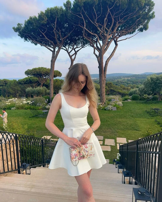 Elegant A-Line Scoop Neck Flared Satin Ivory Mini Homecoming Dress For Ladies