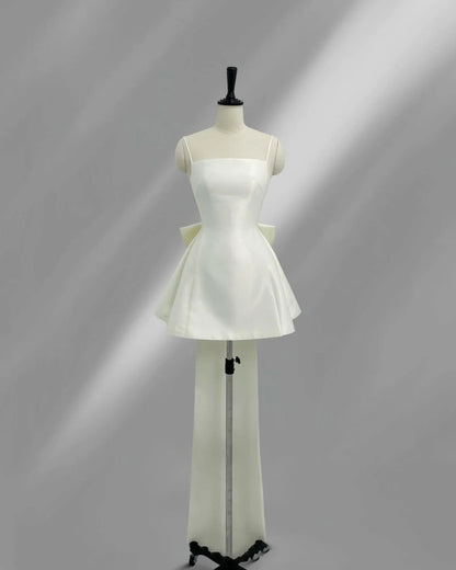 Elegant A-Line Spaghetti Straps Big Bow Back Taffeta Ivory Mini Homecoming Dress