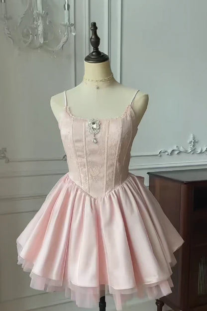 Elegant A-Line Spaghetti Straps Corset Bow Satin Tulle Pink Short Homecoming Dress
