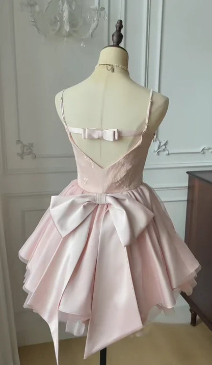 Elegant A-Line Spaghetti Straps Corset Bow Satin Tulle Pink Short Homecoming Dress