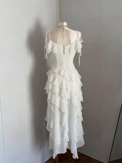 Elegant A-Line Spaghetti Straps Ruffled White High-Low Homecoming Dress