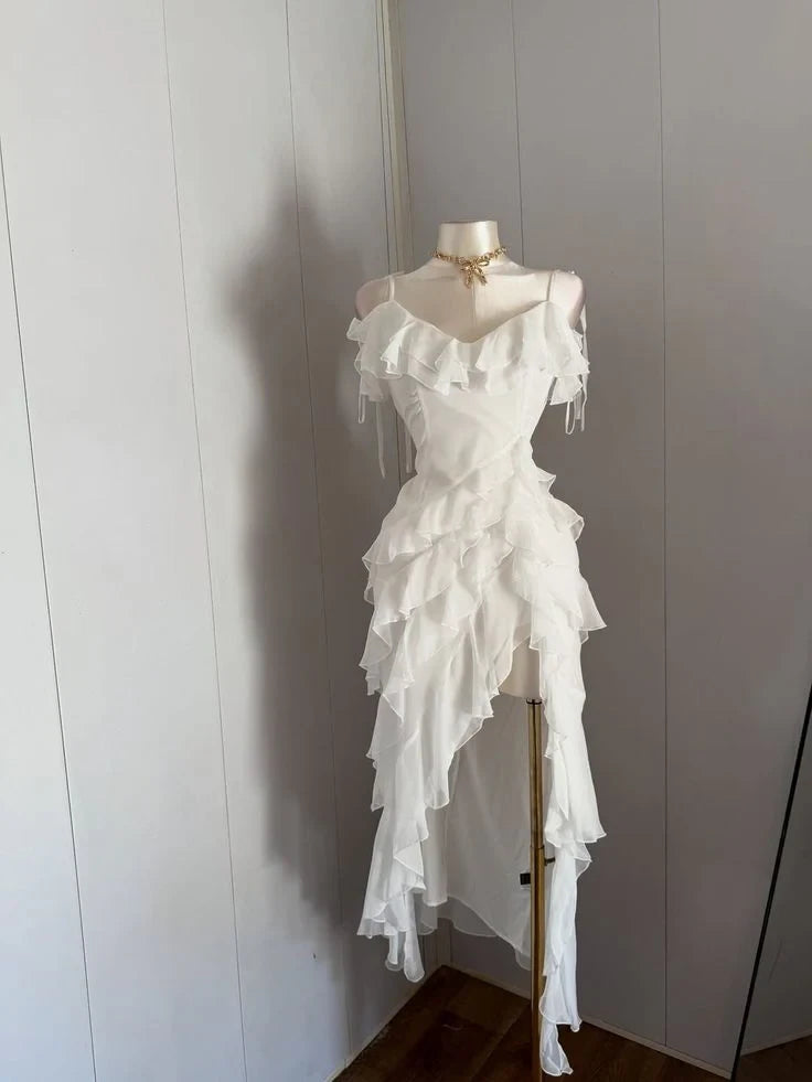 Elegant A-Line Spaghetti Straps Ruffled White High-Low Homecoming Dress