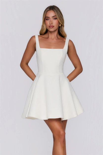 Elegant A-Line Square-Neck Bow-Back Ivory Mini Homecoming Dress For Ladies